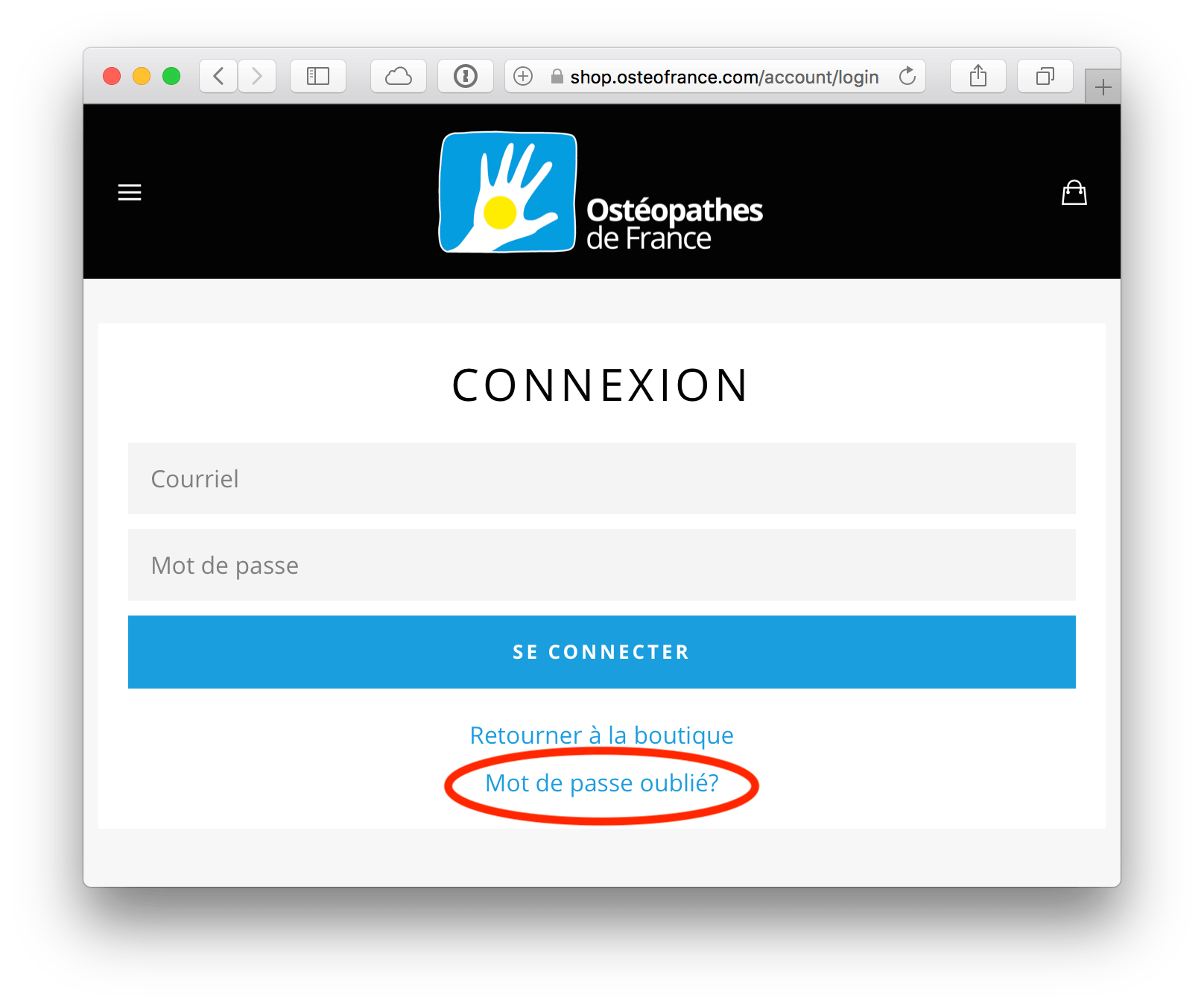 Dislogue de connexion à la boutique